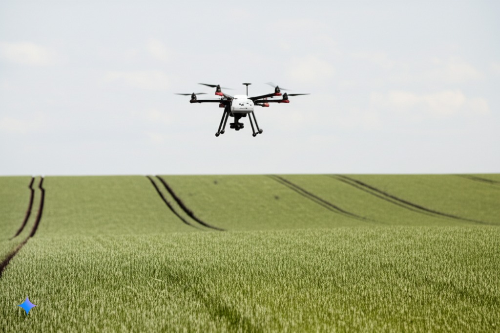 Precision farming drone over a wheat field